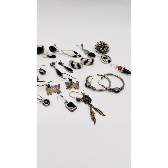 Lot Of Sterling Silver 925 Earrings Single/Pairs Black Onyx Silver SCRAP CRAFT - Picture 2 of 11